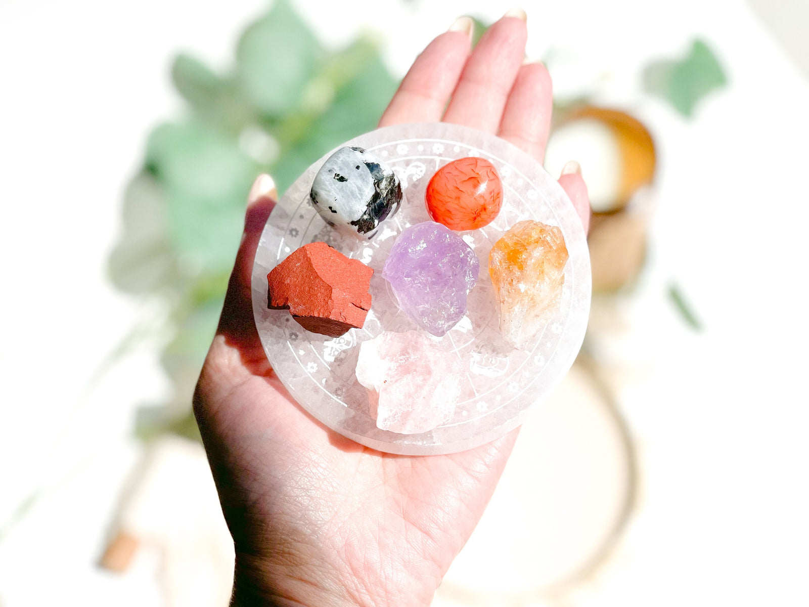 Cancer Zodiac Crystal Bundle: Selenite Charging Plate, Carnelian, Jasper