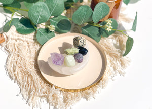 Capricorn Zodiac Crystal Set: Selenite Moon Bowl, Gemstones & Info Card