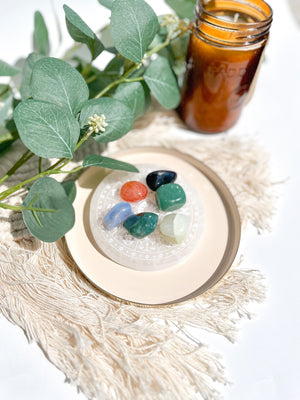 Virgo Crystal Set: Zodiac Selenite Plate, Agate, Jade, Aventurine, Onyx, Carnelian