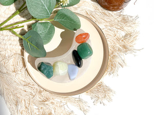 Virgo Zodiac Crystal Set: Selenite Moon Bowl, Agate, Jade, Aventurine, Onyx, Carnelian