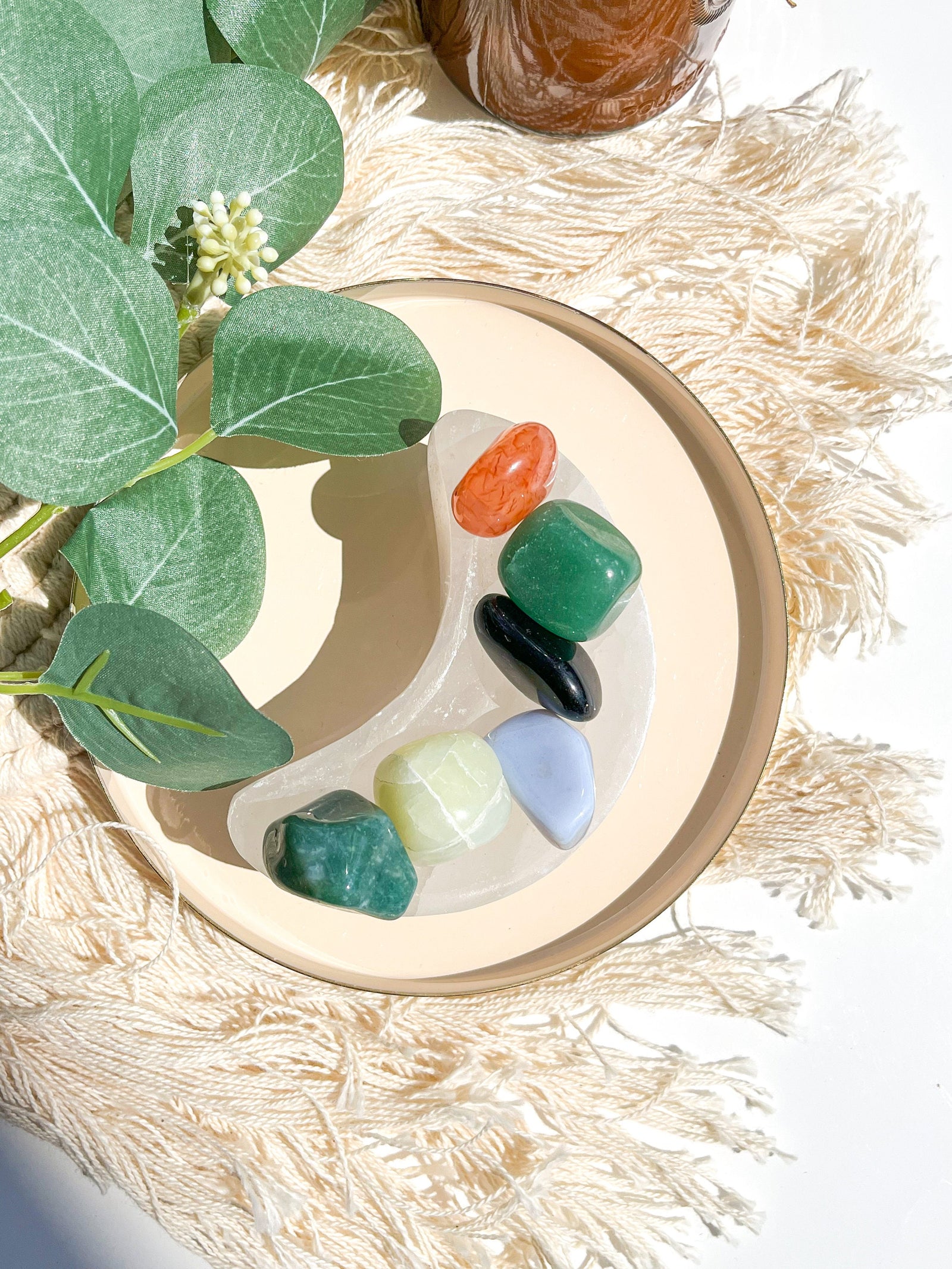 Virgo Zodiac Crystal Set: Selenite Moon Bowl, Agate, Jade, Aventurine, Onyx, Carnelian
