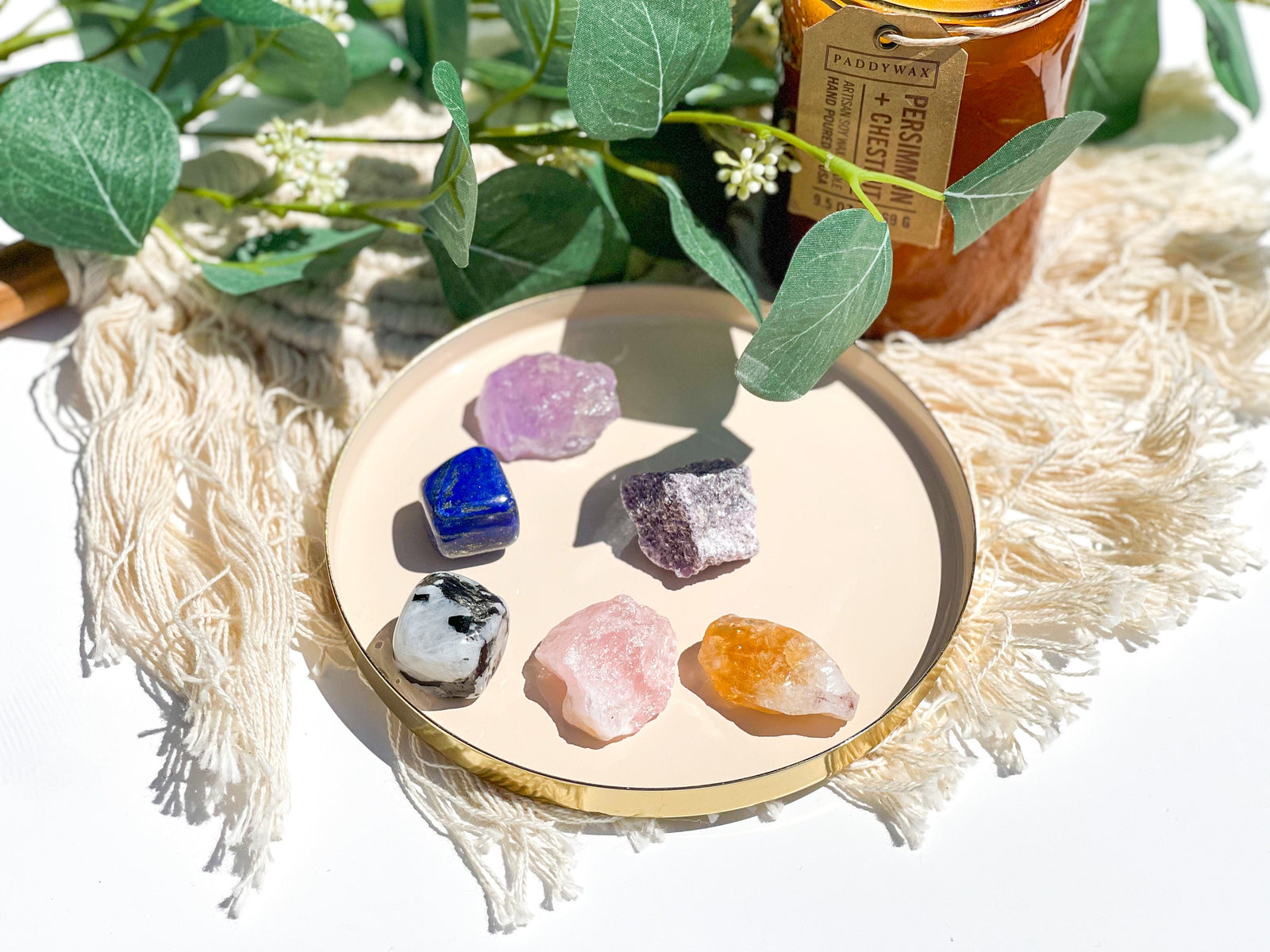 Libra Zodiac Crystal Set: Citrine, Rose Quartz, Lepidolite, Amethyst, Lapis Lazuli, Moonstone