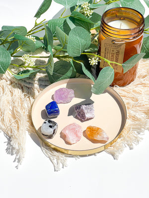 Libra Zodiac Crystal Set: Citrine, Rose Quartz, Lepidolite, Amethyst, Lapis Lazuli, Moonstone