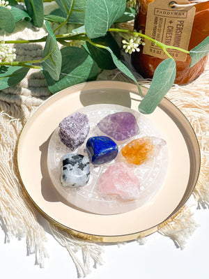 Libra Zodiac Crystal Set: Selenite Plate, Citrine, Rose Quartz