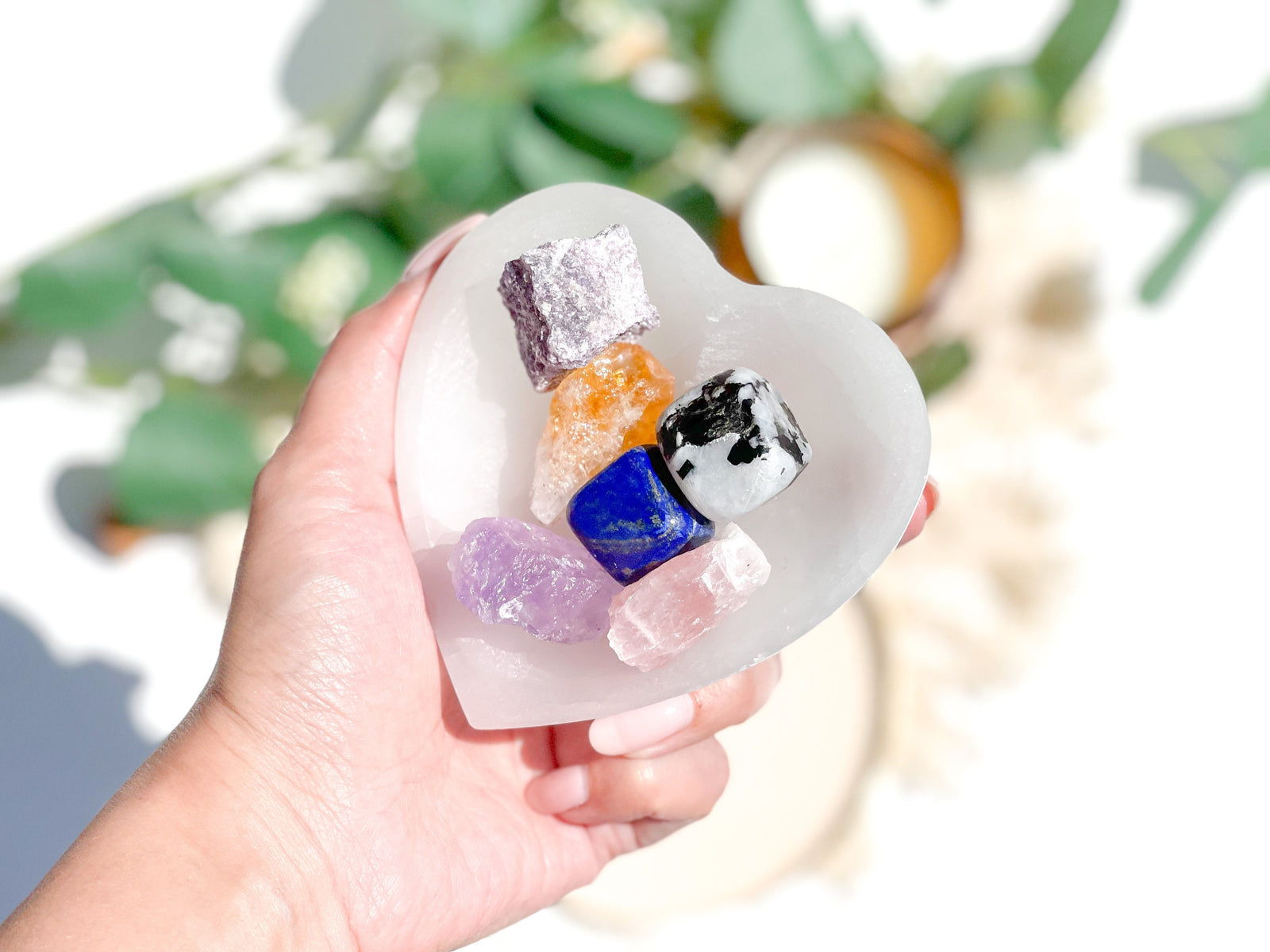 Libra Zodiac Crystal Set: Selenite Heart Bowl, Healing Crystals