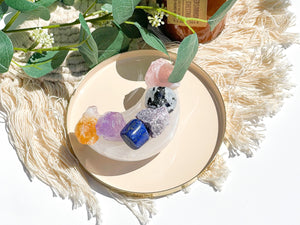 Libra Zodiac Crystal Set: Selenite Moon Bowl, Rose Quartz, Amethyst