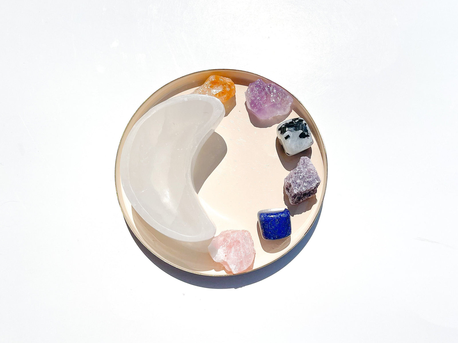 Libra Zodiac Crystal Set: Selenite Moon Bowl, Rose Quartz, Amethyst