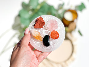 Aries Zodiac Crystal Set: Selenite Plate, Jasper, Carnelian, Citrine