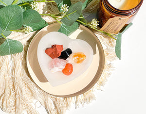 Aries Zodiac Crystal Set: Selenite Heart Bowl, Jasper, Carnelian