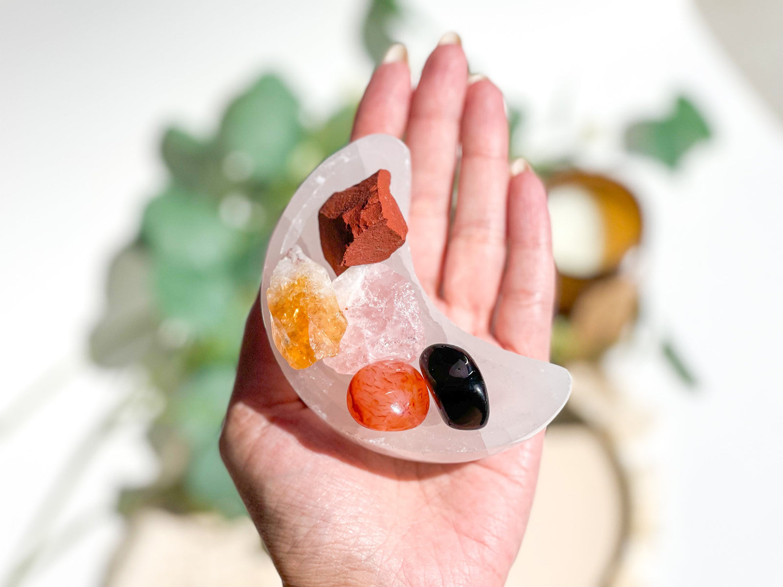 Aries Zodiac Crystal Set: Selenite Moon Bowl, Red Jasper, Carnelian, Citrine, Onyx & Rose Quartz
