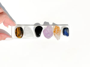 Sagittarius Crystal Set: Amethyst, Sodalite, Tiger's Eye, Citrine, Quartz, Onyx with Selenite Plate