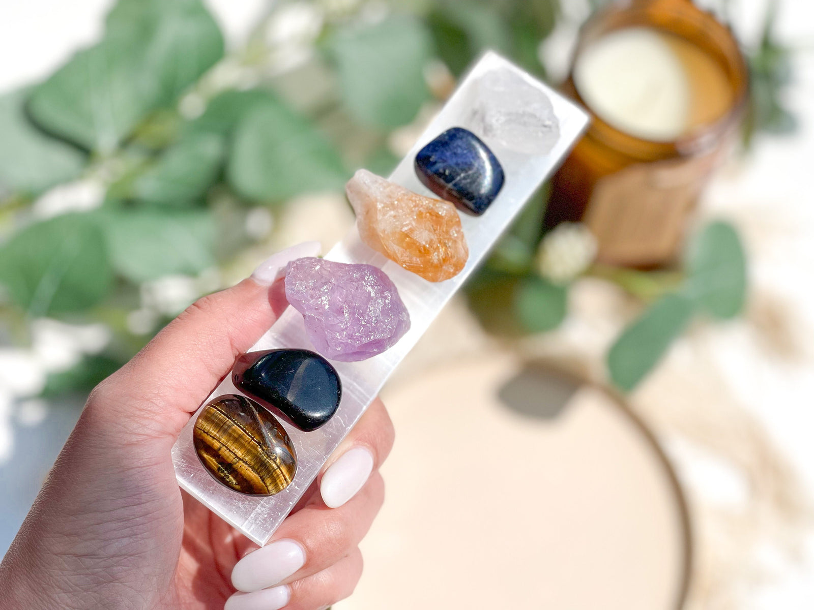 Sagittarius Crystal Set: Amethyst, Sodalite, Tiger's Eye, Citrine, Quartz, Onyx with Selenite Plate