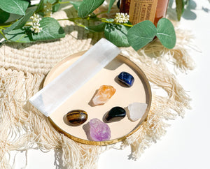 Sagittarius Crystal Set: Amethyst, Sodalite, Tiger's Eye, Citrine, Quartz, Onyx with Selenite Plate