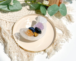 Sagittarius Crystal Set: Selenite Moon Bowl, Zodiac Gemstones