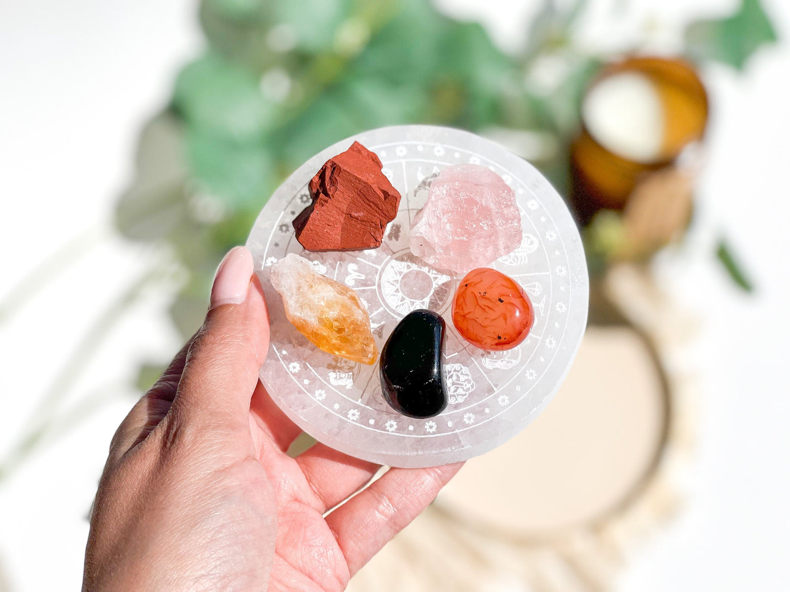 Aries Zodiac Crystal Set: Selenite Plate, Jasper, Carnelian, Citrine