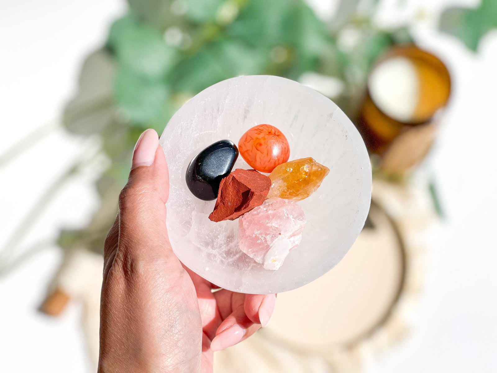 Aries Zodiac Crystal Set: Selenite Bowl, Red Jasper, Carnelian, and More