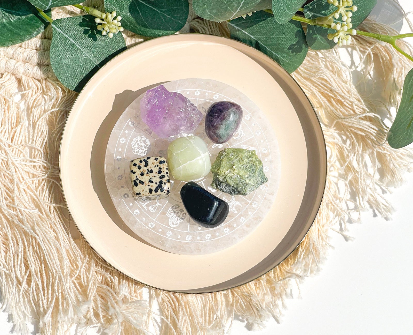 Capricorn Zodiac Crystal Set: Selenite Charging Plate, Amethyst, Serpentine