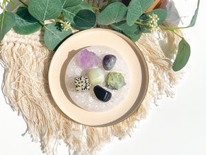 Capricorn Zodiac Crystal Set: Selenite Charging Plate, Amethyst, Serpentine