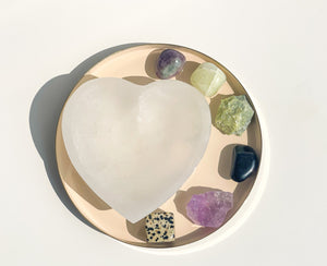 Capricorn Zodiac Crystal Set with Heart-Shaped Selenite Bowl: Amethyst, Serpentine, Fluorite, Jade, Onyx, & Dalmatian Jasper