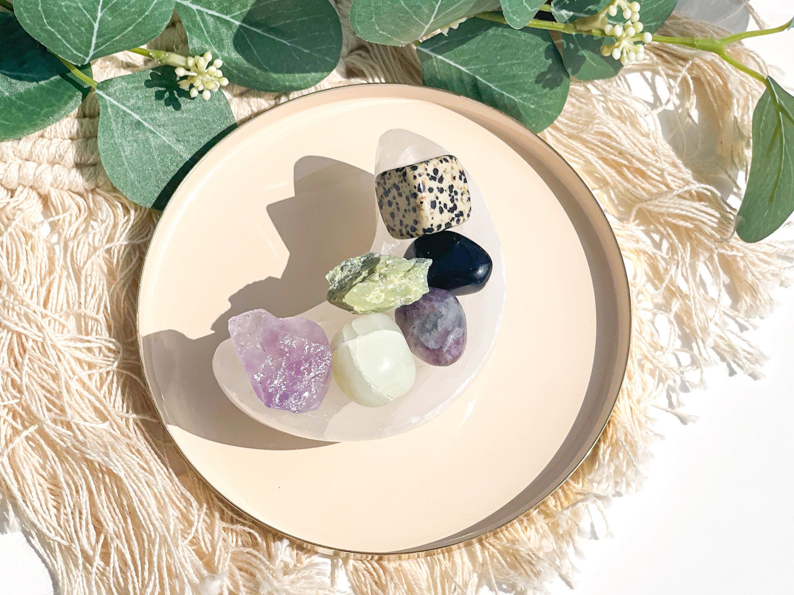 Capricorn Zodiac Crystal Set: Selenite Moon Bowl, Gemstones & Info Card