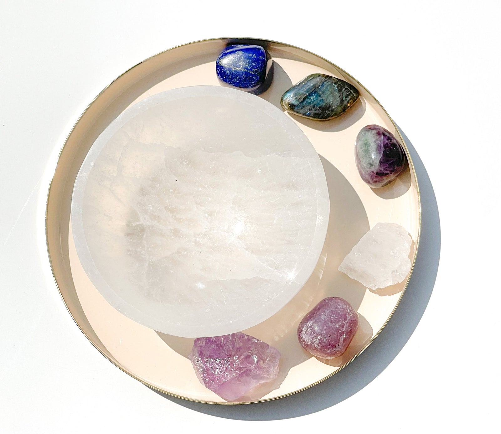 Pisces Crystal Set : Selenite Bowl, Labradorite, Fluorite, Clear Quartz, Lapis Lazuli, Amethyst, & Lepidolite