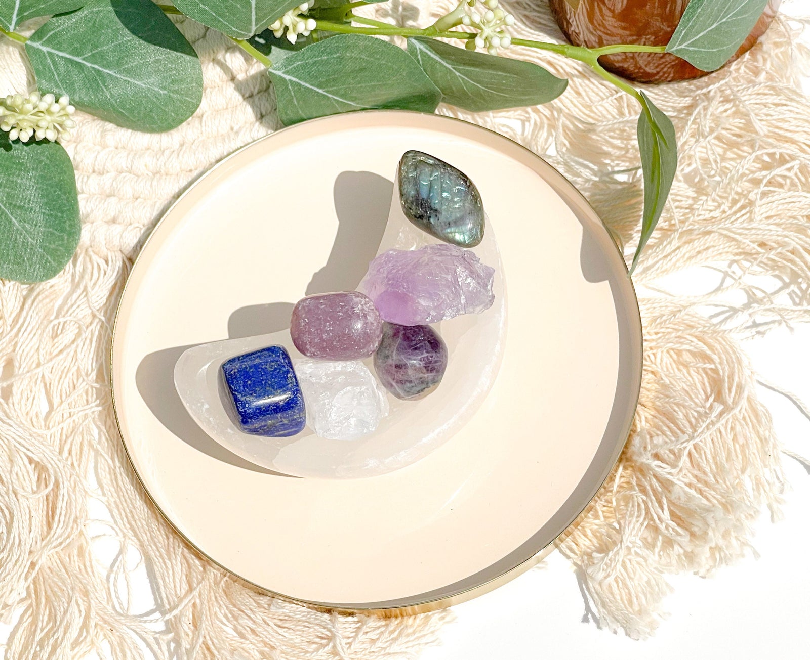 Pisces Zodiac Crystal Set: Selenite Moon Bowl, Labradorite, Amethyst