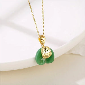 Green Jade Elephant Necklace: Stainless Steel Chain, Prosperity Symbol