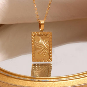 Sunburst Pendant Necklace: 18K Gold Plated Stainless Steel, Minimalist Design