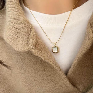 Square White Shell Pendant Necklace – Minimalist 18K Gold Plated Necklace, Elegant Everyday Jewelry