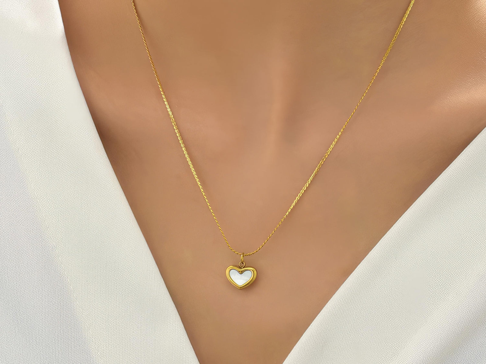 Mother of Pearl Heart Pendant Necklace: 18K Gold Plated Chain