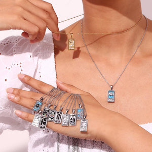 The Lovers Tarot Card Necklace: 18K Gold Plated Pendant, Mother of Pearl & Crystal