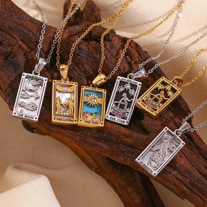 The Lovers Tarot Card Necklace: 18K Gold Plated Pendant, Mother of Pearl & Crystal