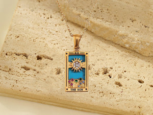The Sun Tarot Card Necklace: 18K Gold Plated Pendant with Crystal