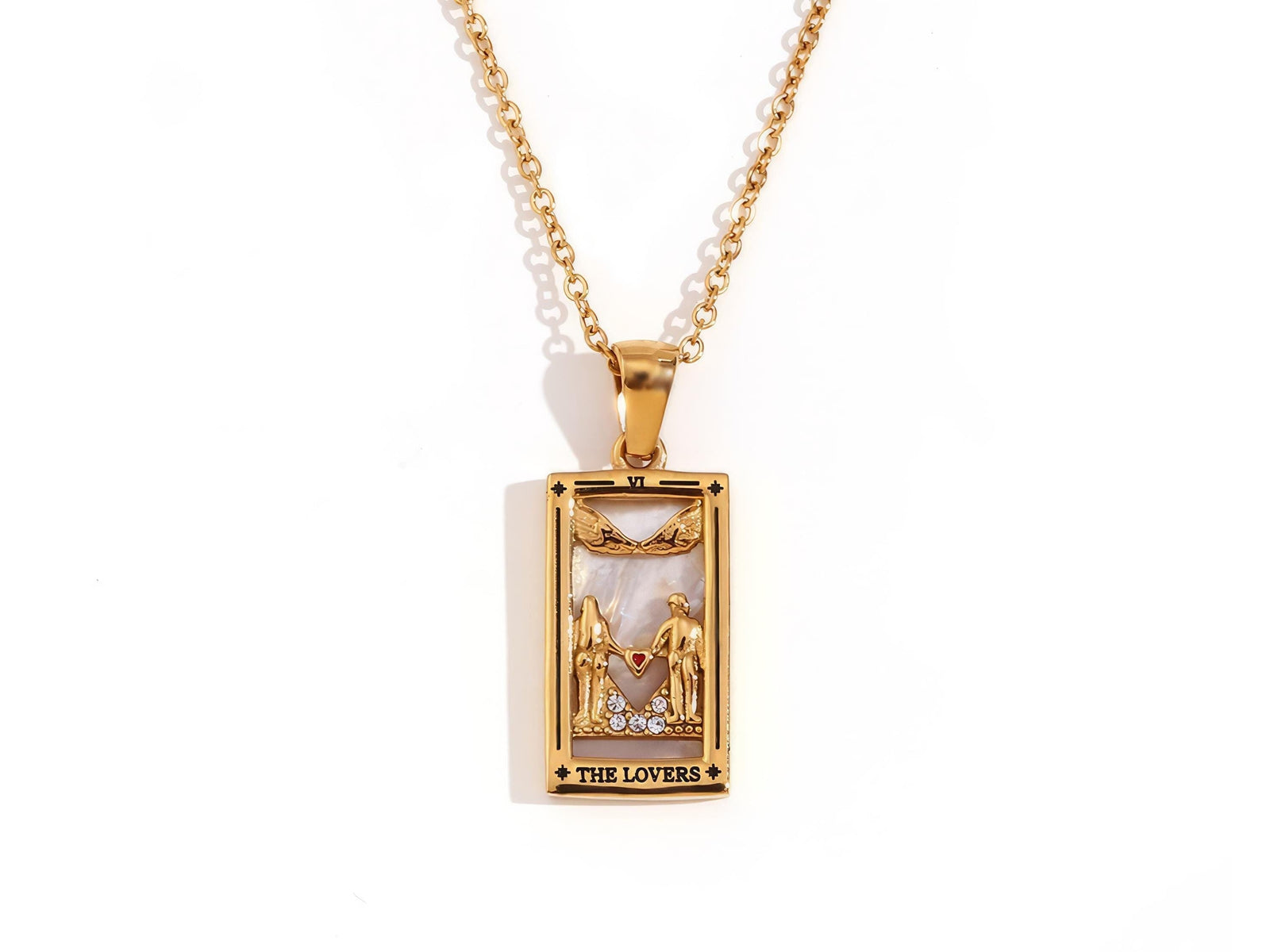 The Lovers Tarot Card Necklace: 18K Gold Plated Pendant, Mother of Pearl & Crystal