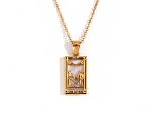 The Lovers Tarot Card Necklace: 18K Gold Plated Pendant, Mother of Pearl & Crystal