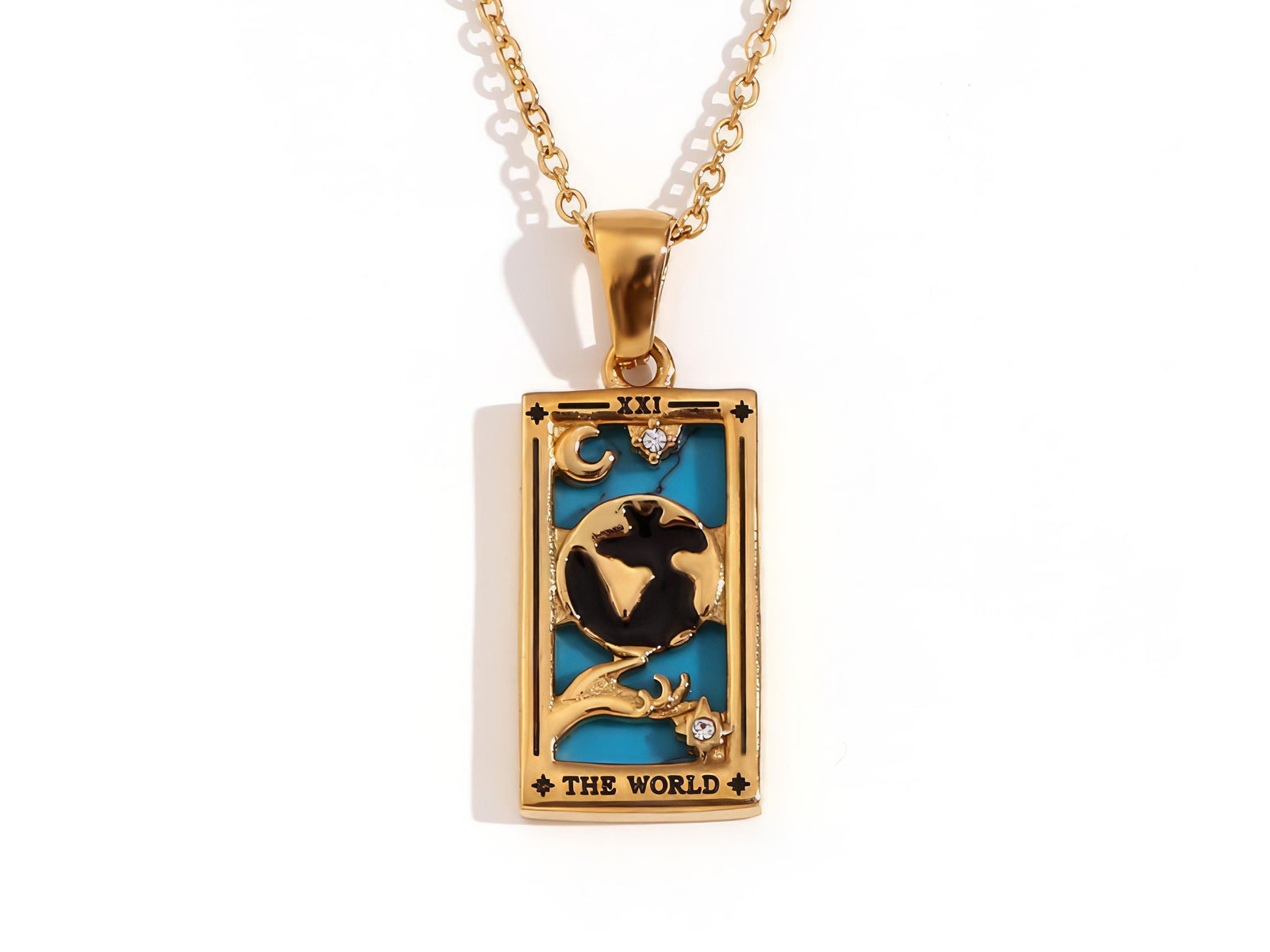The World Tarot Card Necklace: 18K Gold-Plated Enamel Pendant