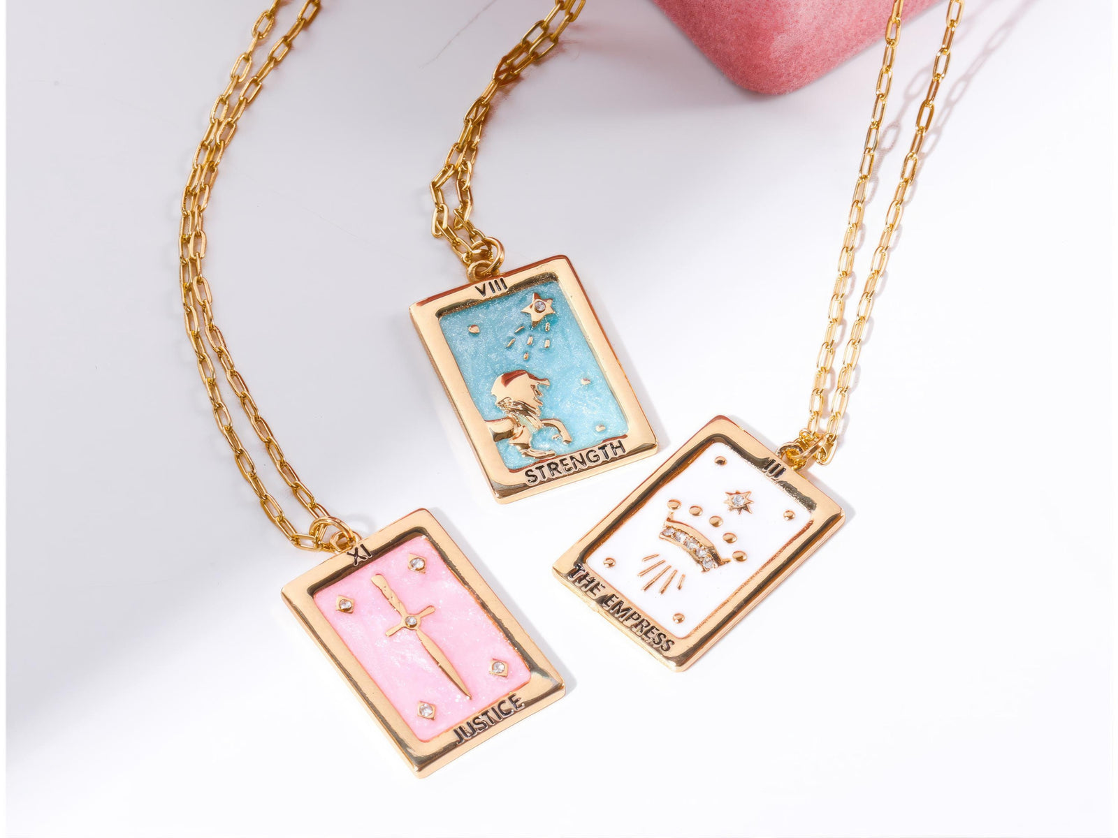 18K Gold-Plated Tarot Card Pendant Necklace - Strength, Justice, and Empress Charms for Women