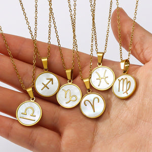 Mother of Pearl Zodiac Necklace: 18K Gold Astrology Pendant