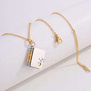 Mini Book Pendant Necklace: 18K Gold Plated Stainless Steel Literary Charm