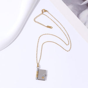 Mini Book Pendant Necklace: 18K Gold Plated Stainless Steel Literary Charm