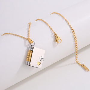 Mini Book Pendant Necklace: 18K Gold Plated Stainless Steel Literary Charm