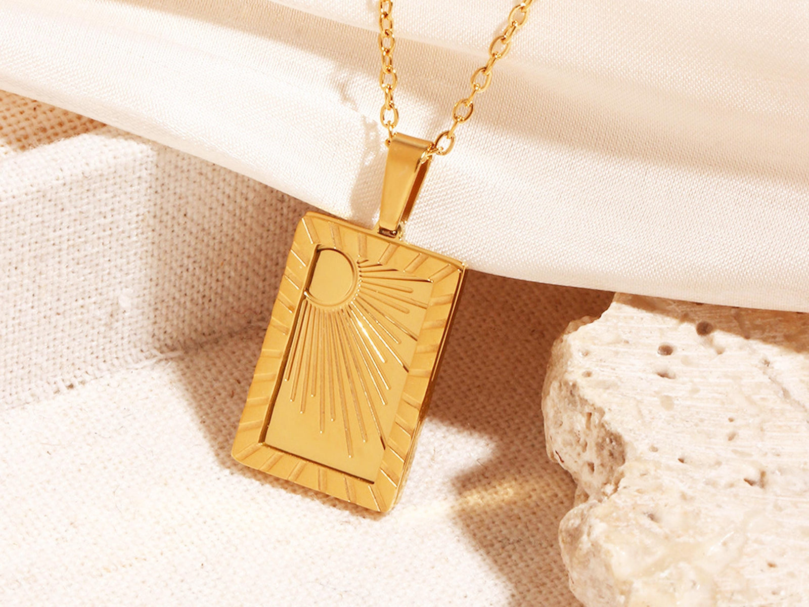 Sunburst Pendant Necklace: 18K Gold Plated Stainless Steel, Minimalist Design