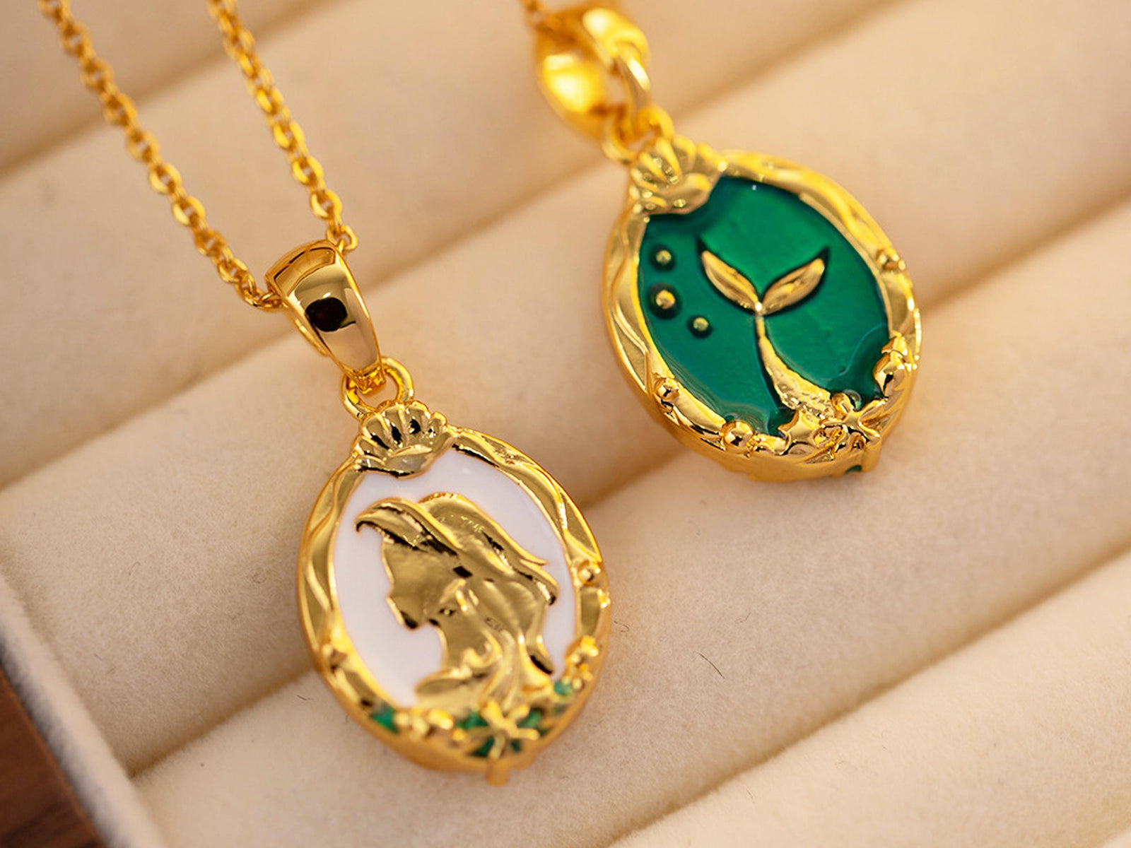 Reversible Mermaid Tail Necklace: 18K Gold Plated Enamel Pendant