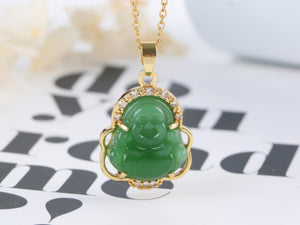 Jade Buddha Pendant Necklace: 18K Gold Plated Lucky Charm