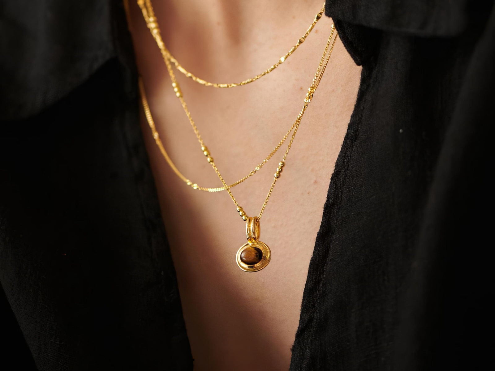 Tiger Eye & Pink Jade Necklace Set: Gold-Plated Layered Gemstone Pendants