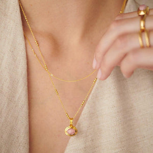 Tiger Eye & Pink Jade Necklace Set: Gold-Plated Layered Gemstone Pendants