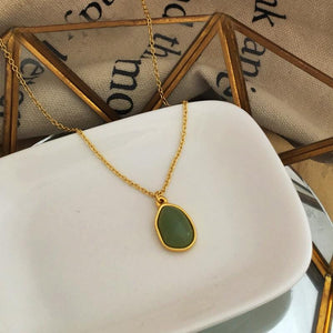 Green Jade Pendant Necklace: 18K Gold Plated Stainless Steel Jewelry