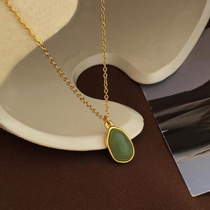 Green Jade Pendant Necklace: 18K Gold Plated Stainless Steel Jewelry