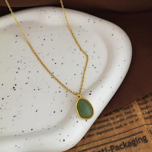 Green Jade Pendant Necklace: 18K Gold Plated Stainless Steel Jewelry
