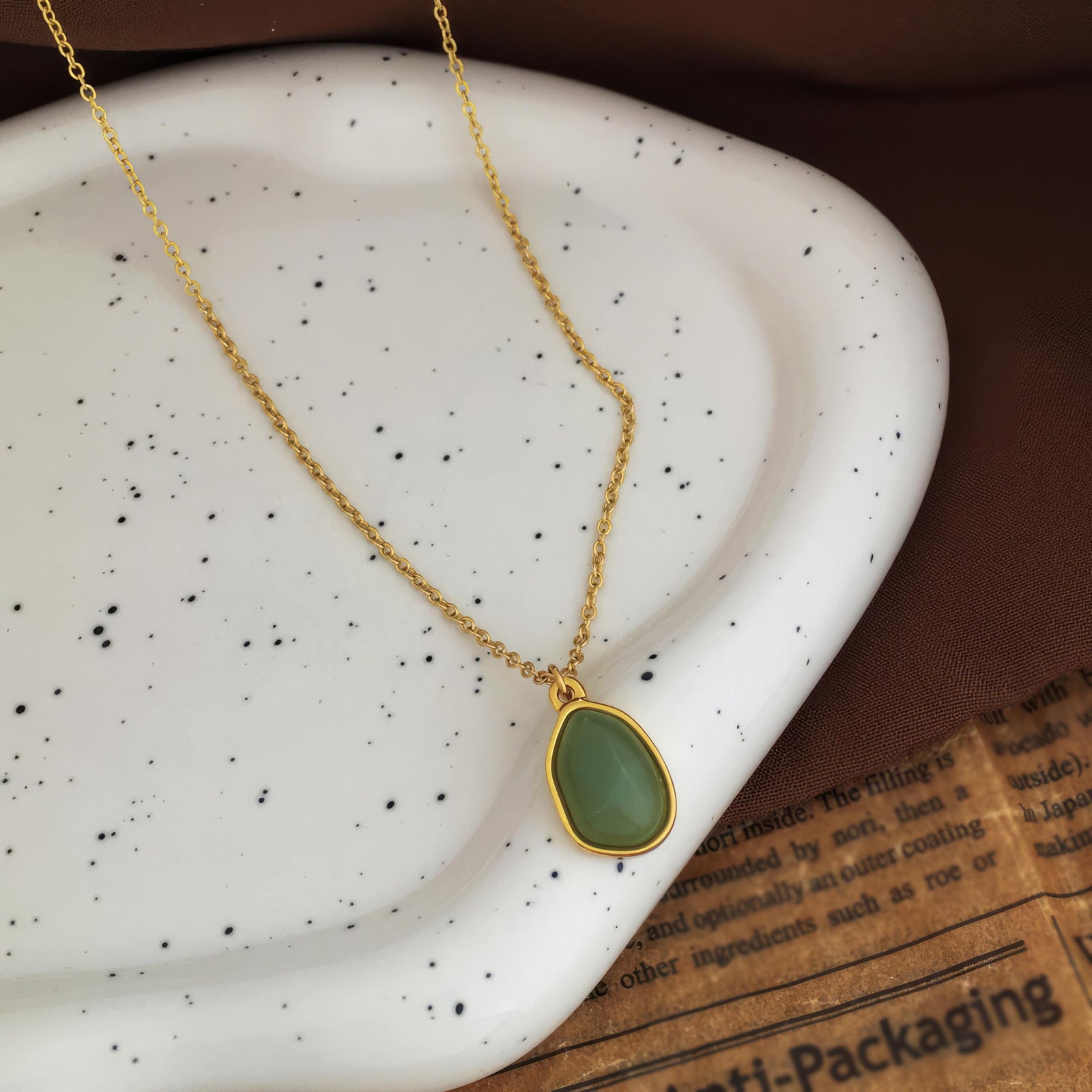 Green Jade Pendant Necklace: 18K Gold Plated Stainless Steel Jewelry